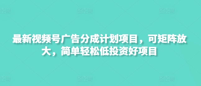 最新视频号广告分成计划项目，可矩阵放大，简单轻松低投资好项目-多多网创